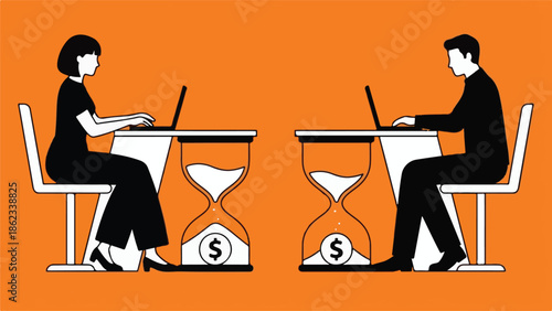 Business Productivity: Man and Woman Working as Time Turns to Money