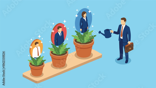 Businessman watering potted plants representing employee career growth and development
