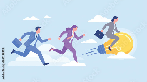 Business people competing with a woman riding a flying idea lightbulb