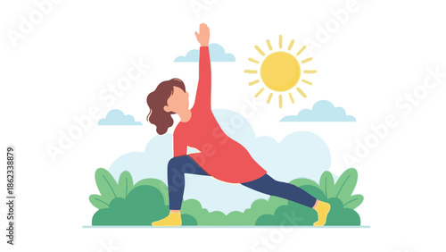 Vector illustration of a woman doing an outdoor yoga stretch under the sun
