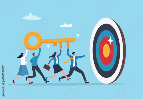Key to success, team working together as teamwork to achieve goal or target, unlock career opportunity, solution or winning business planning concept, business people carry golden key to success.