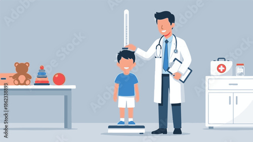 Pediatrician measuring height of a young boy during a medical check-up