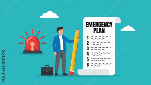 Man creating an emergency plan with a pencil, alarm, and briefcase concept