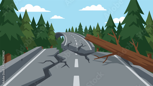 Damaged road with fallen tree, showing natural disaster impact in forest