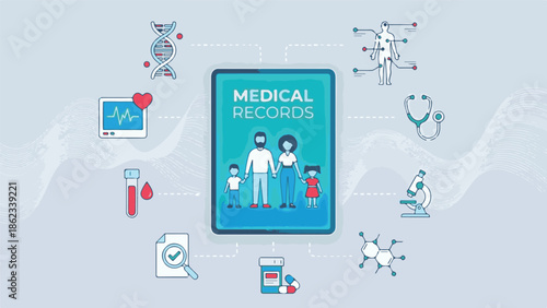 Digital Medical Records System with Family and Healthcare Icons