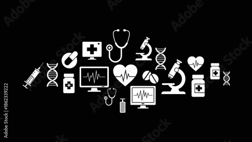 Medical Icons Collection Healthcare and Science Symbols on Black Background.