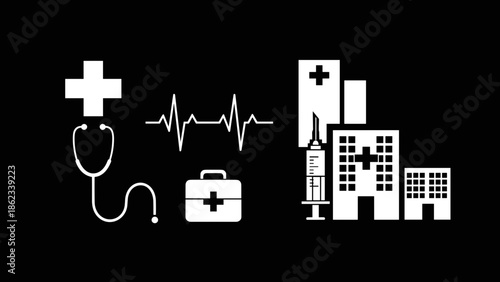 Medical Icons Set Stethoscope Heartbeat First Aid Kit Hospital Building and Syringe.