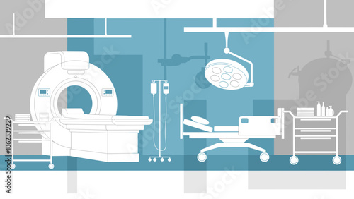 Medical Imaging Room with CT Scanner and Examination Bed.