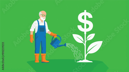 Elderly man watering a dollar plant symbolizing financial growth and investment