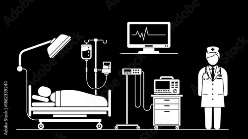 Medical Scene Illustration Patient Nurse and Monitoring Equipment.