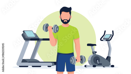 Fitness illustration of a man lifting weights in a gym setting with equipment