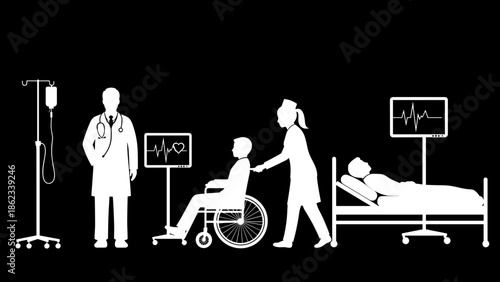 Medical Staff Caring for Patients in Hospital Room Silhouette.