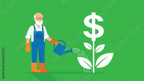 Man watering dollar sign plant representing financial growth and investment