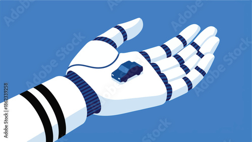 Robotic hand holding a small car, symbolizing AI, automation, and future transport