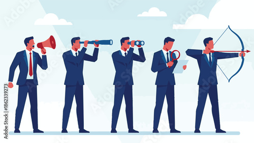 Business strategy concept with professional men demonstrating different roles