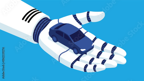 Robot hand holds a modern car, concept of smart vehicle technology.
