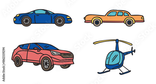 Set of transport retro car sedan crossover helicopter, hand drawn doodle