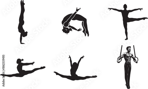 Silhouettes of gymnasts performing various acrobatic and strength based exercises