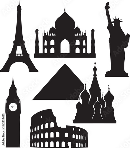 landmarks of the world  monument, silhouette, travel, tower, architecture, vector, building, castle, icon, church, landmark, house, symbol, art