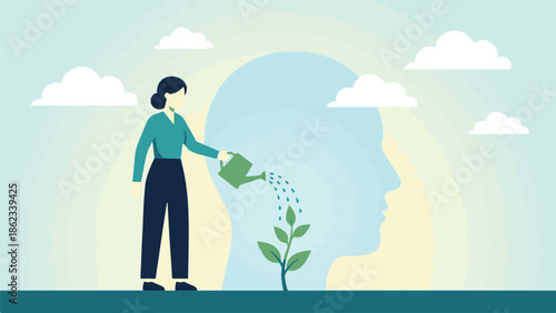 Woman watering plant in head silhouette, symbolizing mental growth