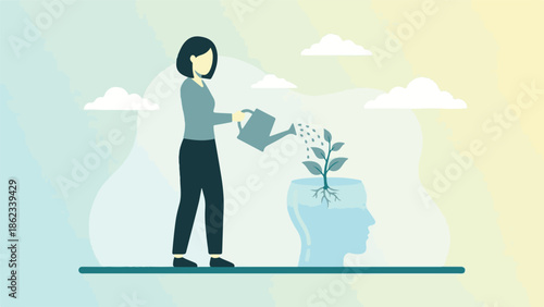 Woman watering plant in human head, concept of mental growth and self-care