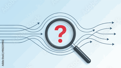 Magnifying glass over question mark with arrows, symbolizing search for solutions