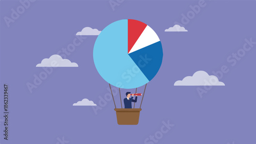 Businessman in a pie chart hot air balloon exploring future business strategy