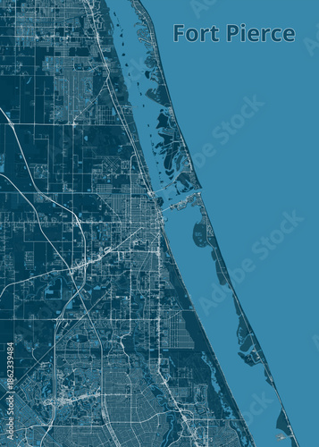 Map of Fort Pierce, Florida, is presented in shades of blue. The city's layout is depicted with fine white lines representing streets and roads.