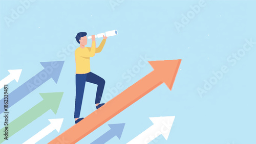 Businessman looking through telescope on rising growth arrow illustration
