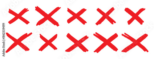 Red cross X mark set. Hand drawn delete symbols collection. Cancel and wrong icons for UI design vector