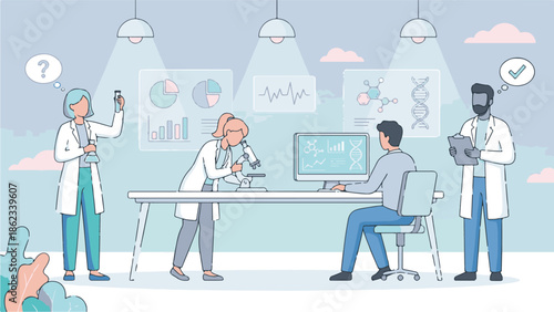 Scientific Research Team Collaborating in Laboratory with Data Analysis