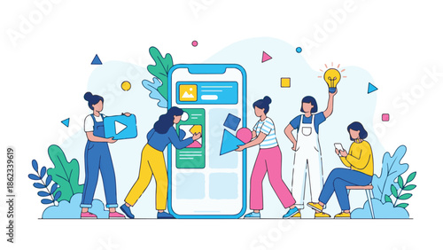 Creative team of women collaborating on mobile app UI/UX design and development