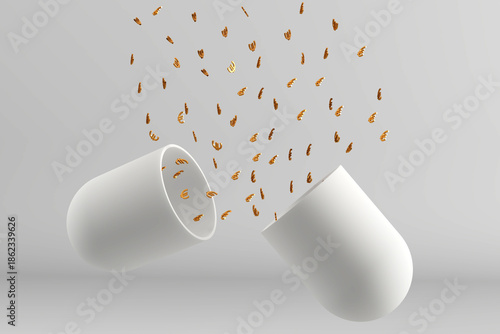 Golden euro signs pouring from an open white capsule on gray background - 3D render