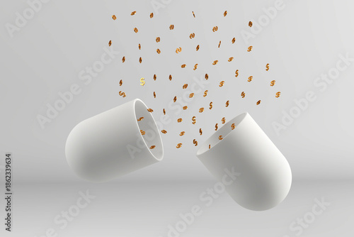 Golden dollar signs pouring from an open white capsule on gray background - 3D render