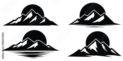 Mountain landscape silhouette set, Nature peak icon pack, Outdoor scenery collection
