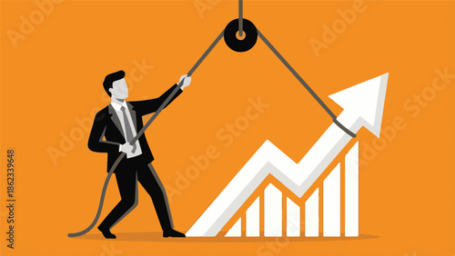 Businessman uses pulley to pull up a rising business growth chart arrow