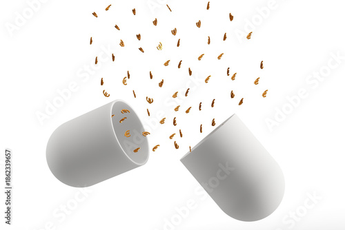 Realistic golden euro signs pouring from an open white capsule - 3D render