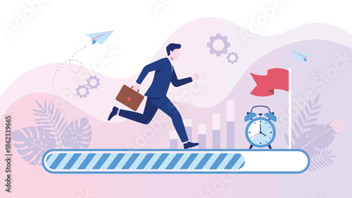 Businessman running towards success, managing time and making progress