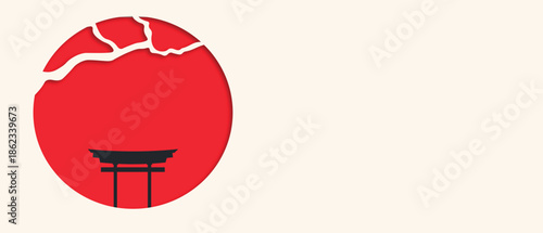  Japanese landscape illustration with torii gate in circular composition. Minimal flat design inspired by traditional Japan and Shinto culture. Perfect for travel branding, posters