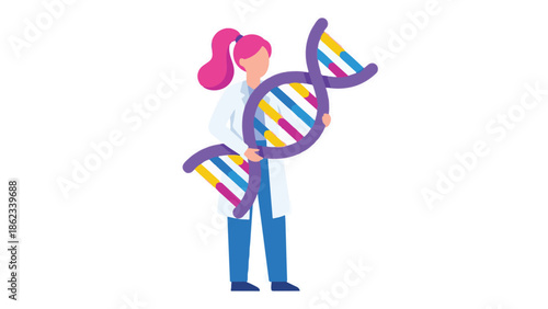 Female Scientist Holding DNA Molecule, Genetics Research and Biology Illustration