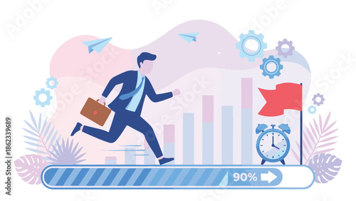 Businessman running on a progress bar towards a success goal with deadlines