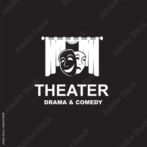 icon of comedy and tragedy theatrical masks with curtains isolated on black background