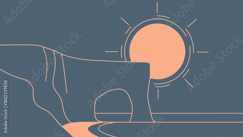 Minimalist Cliffside Landscape with Sun and Winding River Illustration.