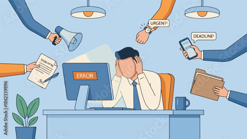 Businessman overwhelmed by urgent tasks, deadlines, and work pressure