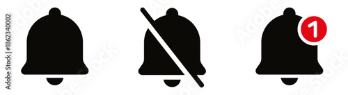 set of notification bell and mute icons, perfect for app interfaces. showing alert on, off, mute and disabled states. for user sound settings, UI, apps and web interfaces