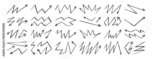 Emphasis zigzag arrow doodle hand drawn zig zag arrow set icon. Outline drawing zigzag line clipart symbol.