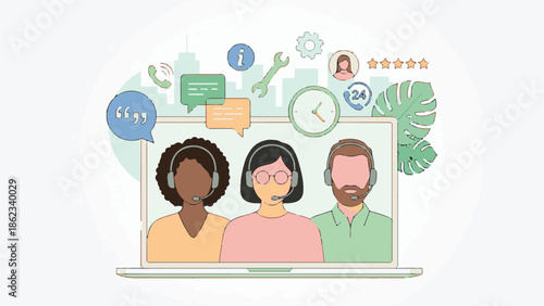 Online Customer Support Team on Laptop Screen with Service Icons