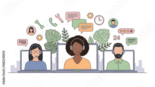 Customer service team illustration with diverse agents, laptops, and support icons