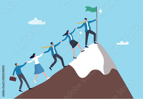Team achievement, teamwork to success together, colleagues support or leadership to lead team to overcome challenge, cooperation concept, business people team member help others reach mountain peak.
