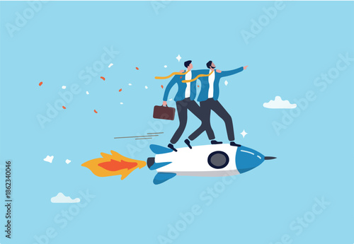 Co-founder to start company, partnership or teamwork to success together, cooperation or collaboration colleagues, agreement or trust concept, business partner riding rocket to success together